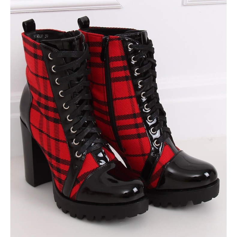 Red high heels checkered boots NS080P Red 2