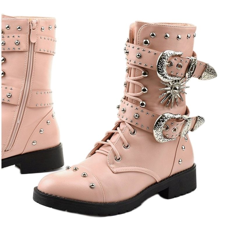 Pink flat ankle boots with Feldman buckles 1