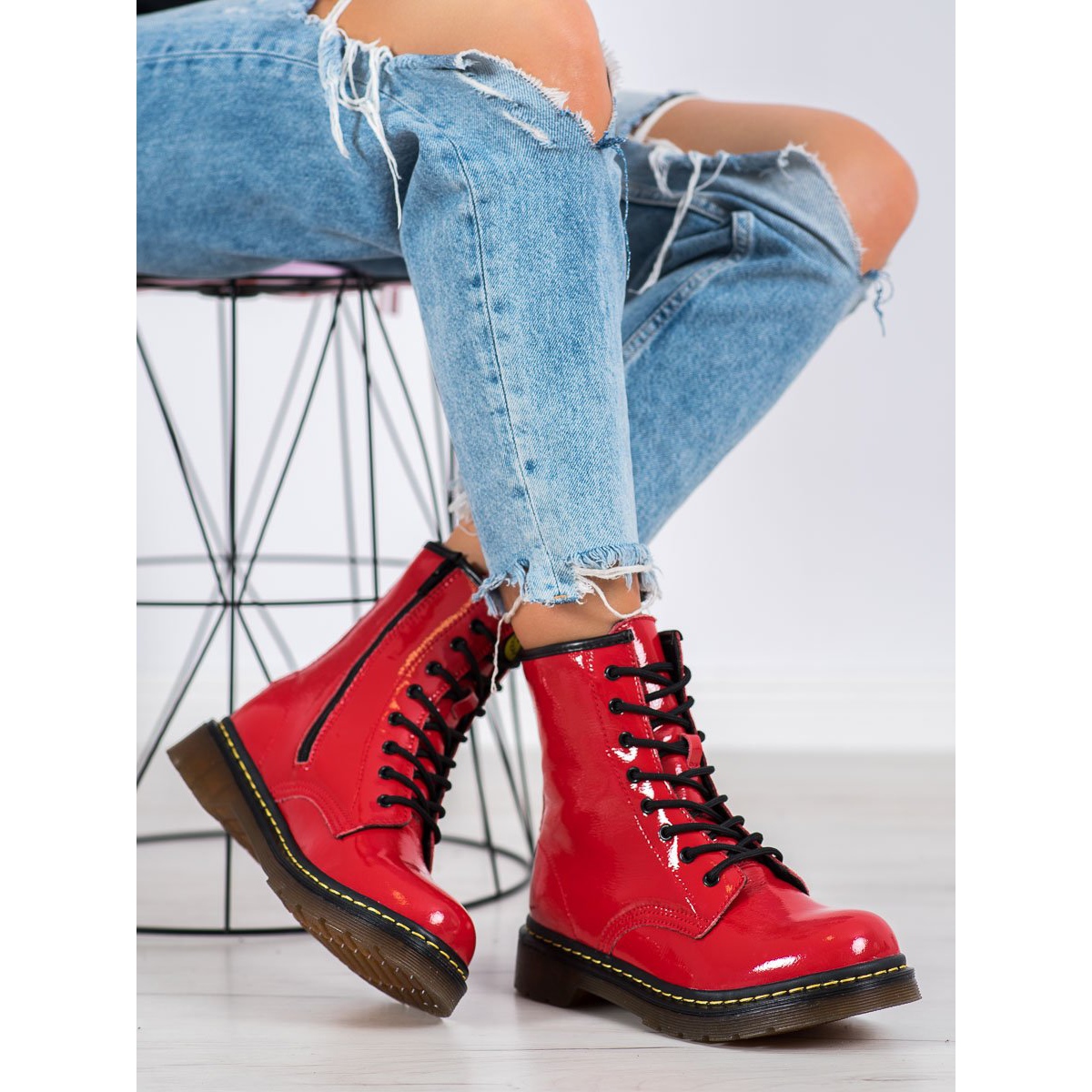 Red patent leather combat boots shop