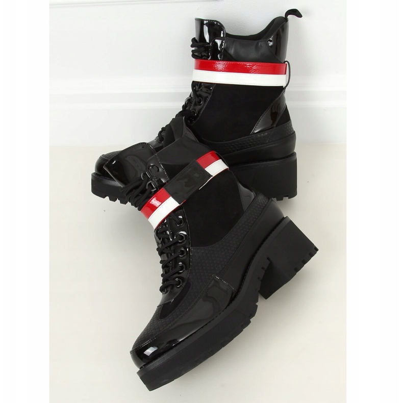 Black lace-up women's boots NS086 Black white red 2 Black lace-up women's boots NS086 Black white red 2