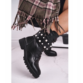 FE1 Women's Flat High Boots Black with Pearls Mishigan 1