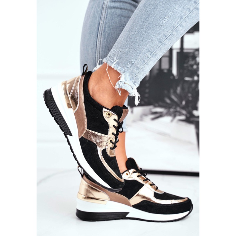 Vinceza Women's sports shoes leather black and gold 21-7777 2