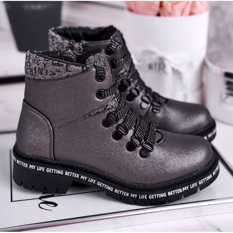 Children's youth boots with sheepskin gray Snowflake grey 1