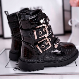 FRROCK Children's Warm Boots with Buckles Print Black Fun Time 1