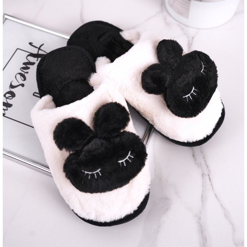 Women's Black Rabbit Fur Slippers white 2