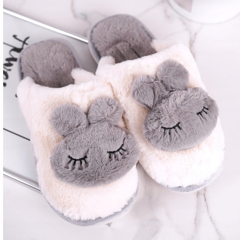 Women's Rabbit Fur Slippers ecru grey 2 Women's Rabbit Fur Slippers ecru grey 2