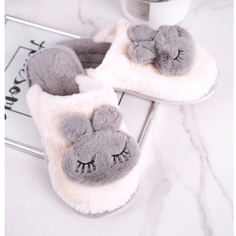 Women s Rabbit Fur Slippers ecru grey