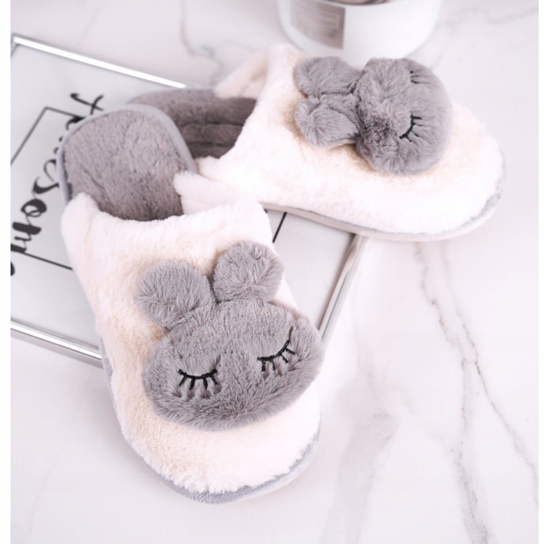 Women's Rabbit Fur Slippers ecru grey 1 Women's Rabbit Fur Slippers ecru grey 1