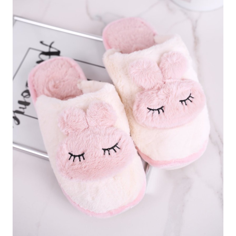 Women's fur slippers, fur white and pink rabbit 2