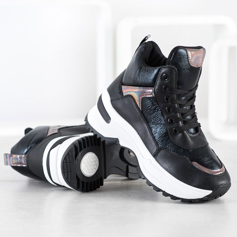 Ideal Shoes High-top sneakers made of eco leather black pink 2