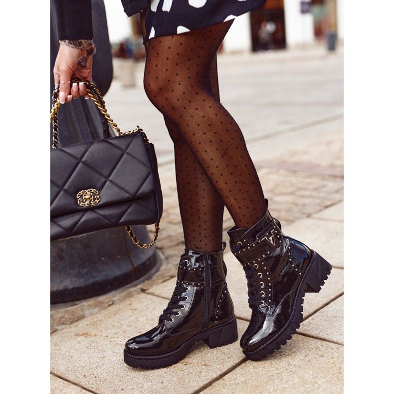 Black Lacquered Valeria Women's Workers Boots 2