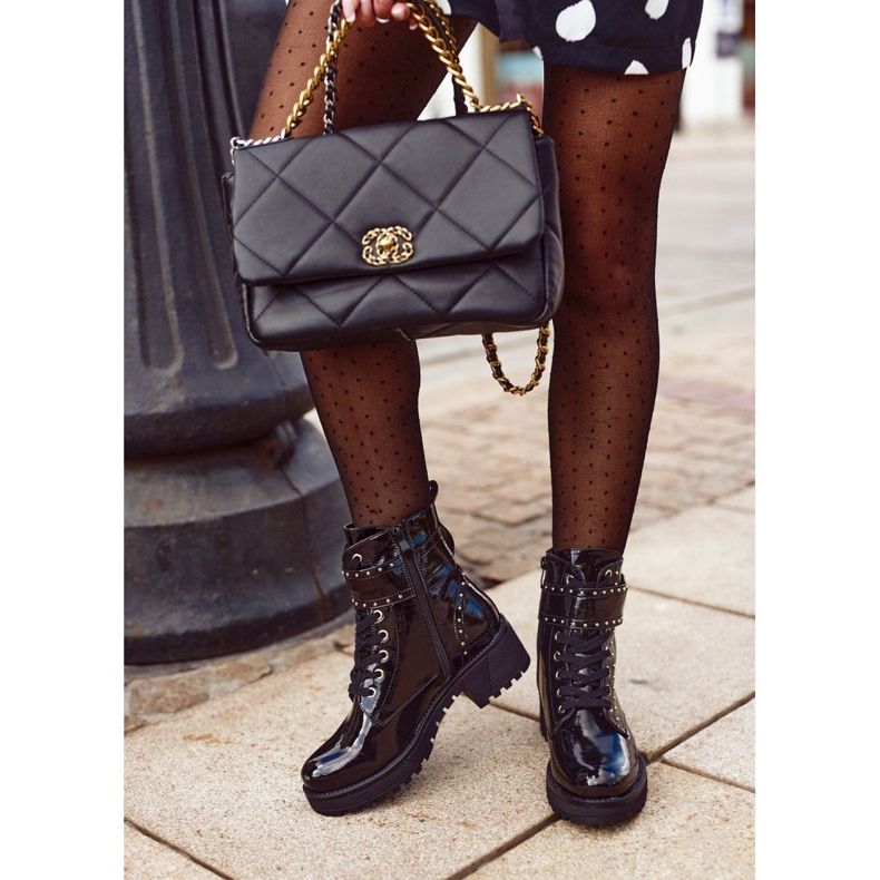 Black Lacquered Valeria Women's Workers Boots 1