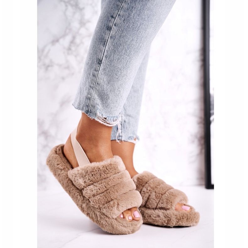 FJ1 Women's Slippers on the Platform Furry Brown Khaki Snowflake 1
