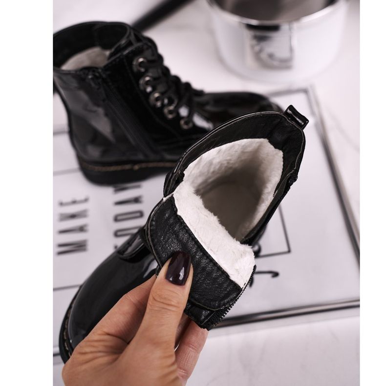 Children's Warm Boots with Rhinestones Lacquered Black Fame 1