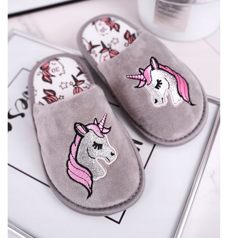 Children's Gray Unicorn Slippers With Unicorn grey 1