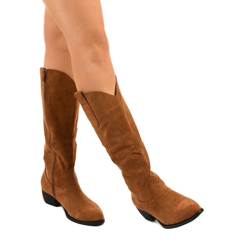 Camel suede high boots from Evelralla cowboy boots brown multicolored 1