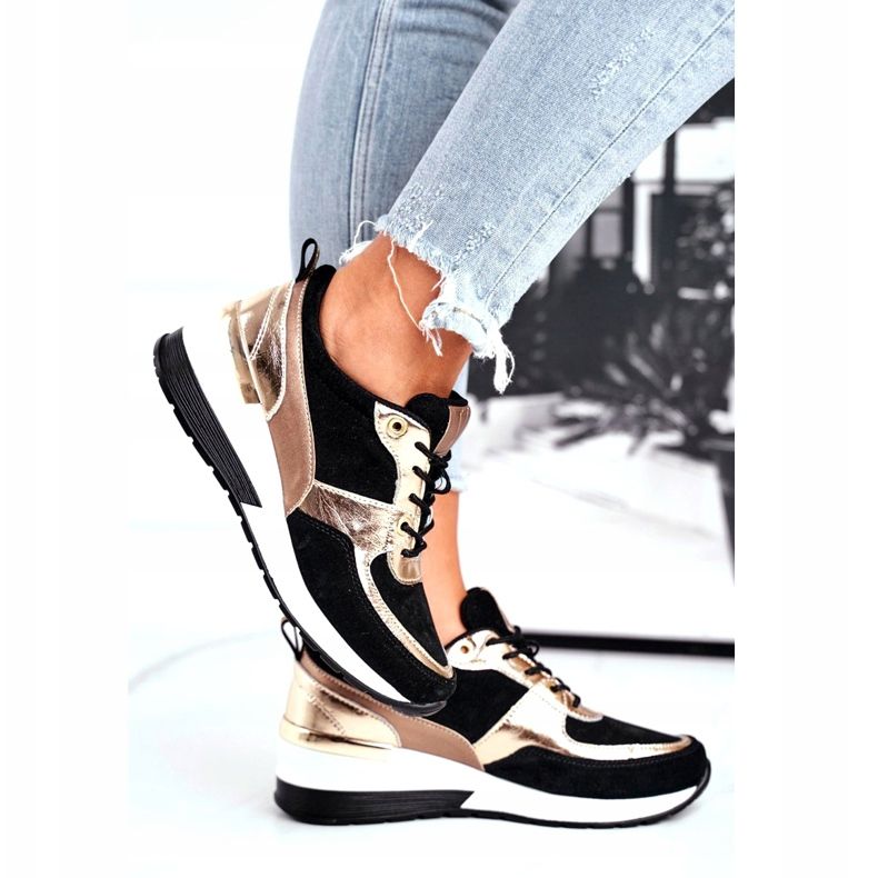 Vinceza Women's sports shoes leather black and gold 21-7777 golden 2