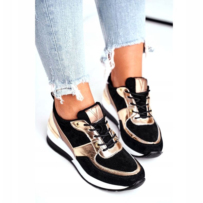 Vinceza Women's sports shoes leather black and gold 21-7777 golden 4