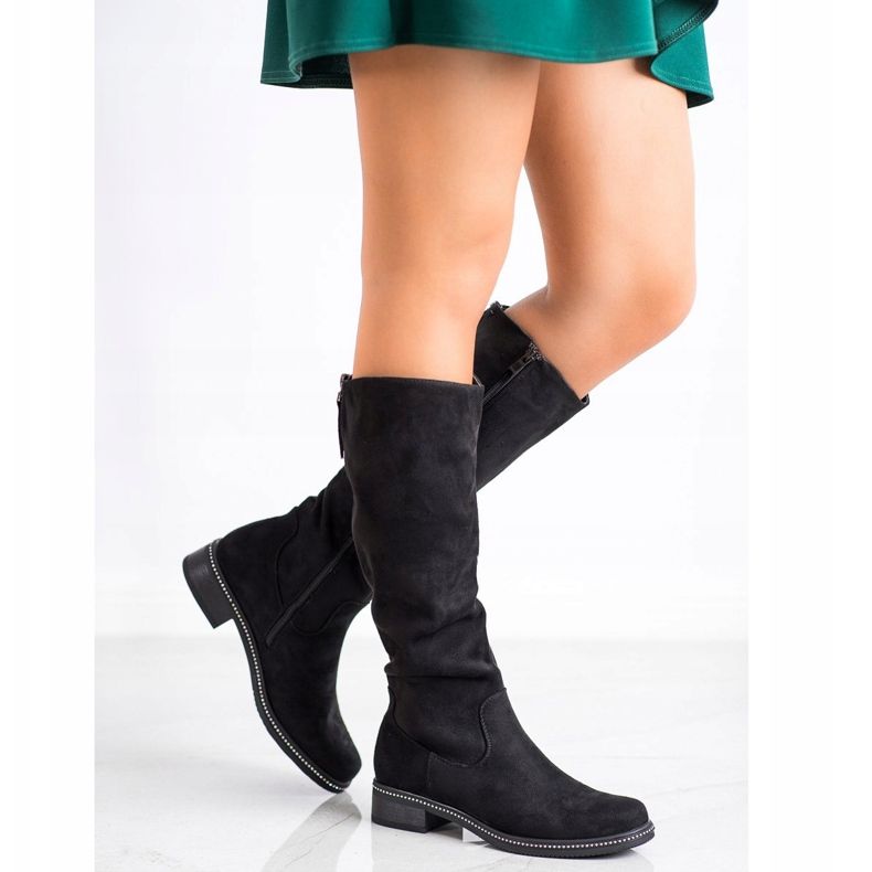 SHELOVET Black high boots with cubic zirconia 1