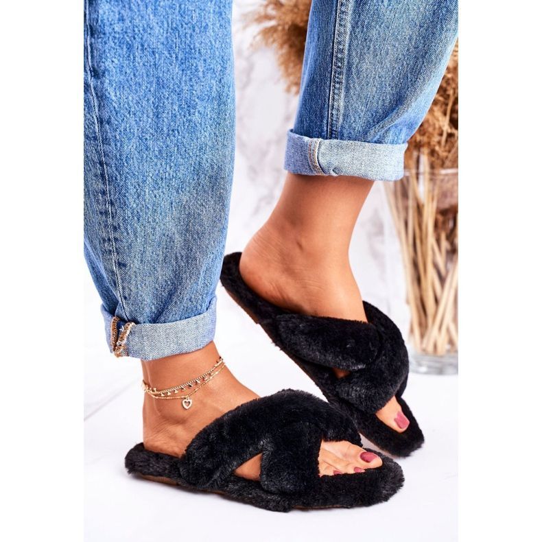FRJ Women's Black Fur Slippers Cozy Time 1