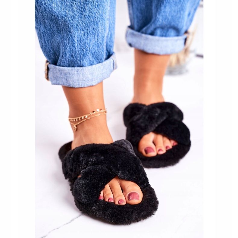 FRJ Women's Black Fur Slippers Cozy Time 2