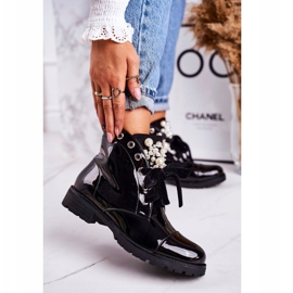 PS1 Women's warm boots with pearls and a ribbon, lacquered Perla black 1