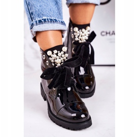 PS1 Women's warm boots with pearls and a ribbon, lacquered Perla black 2