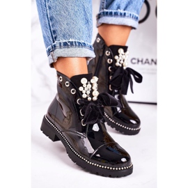 PS1 Women's warm boots with pearls, jets and a ribbon, lacquered Perla black 1