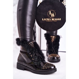 SEA Women's Warm Boots With Rhinestones And Fur, Lacquered Glam black 1