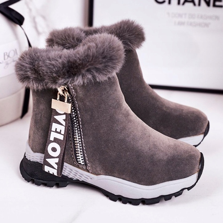 Linshi Children's Warm Snow Boots With Fur Gray Love-Love grey 1