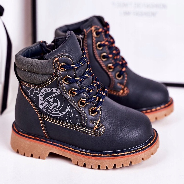 PL1 Children's Warm Boots Trappers On A Rubber Sole Navy Blue Bobby orange 1