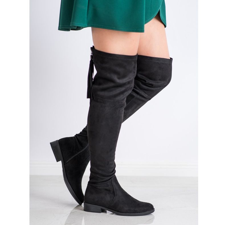 Forever Folie Comfortable thigh-high boots with fringes black 2