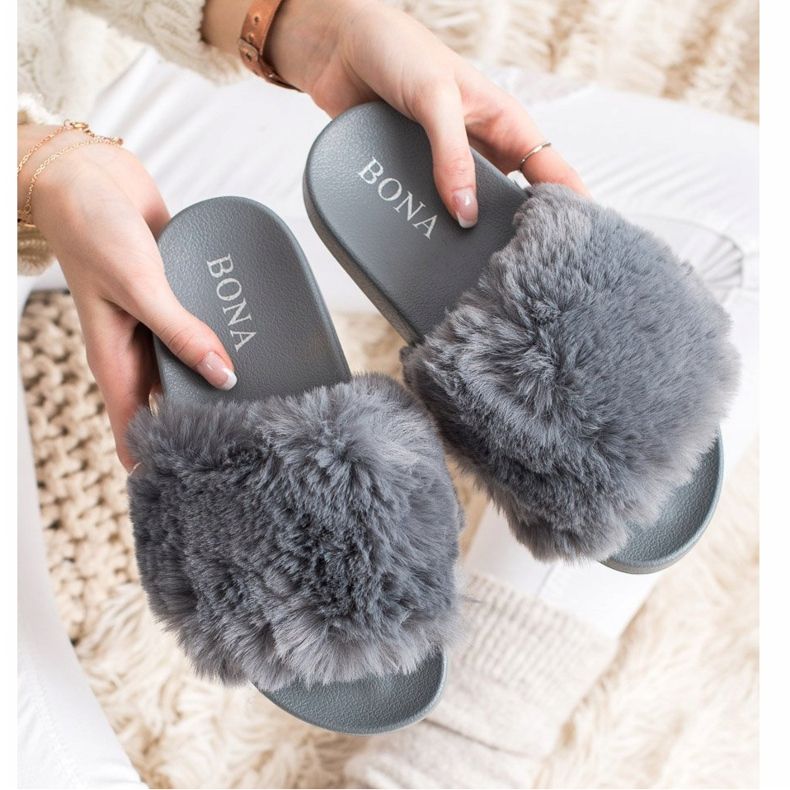 Bona Fashionable flip-flops with fur grey 2