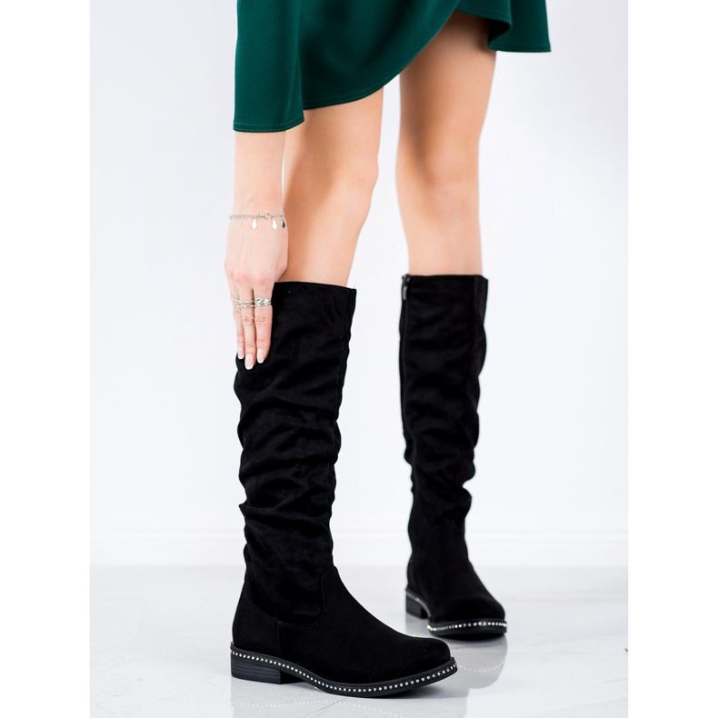 SHELOVET Suede Boots With Cubic Zirconia black 2