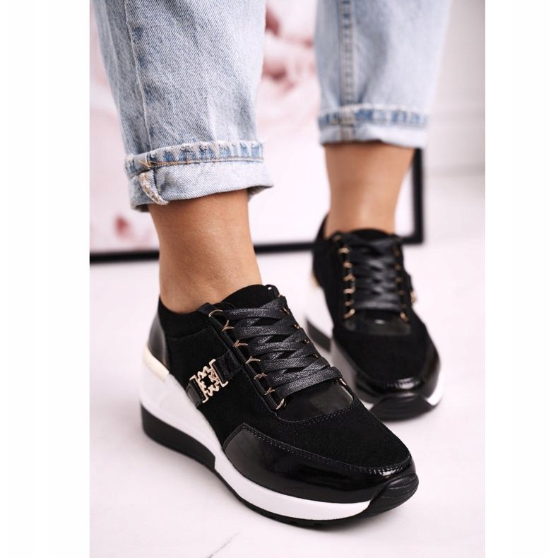 S.Barski Women's Leather Wedge Sneakers Black Gold Roxette golden 1