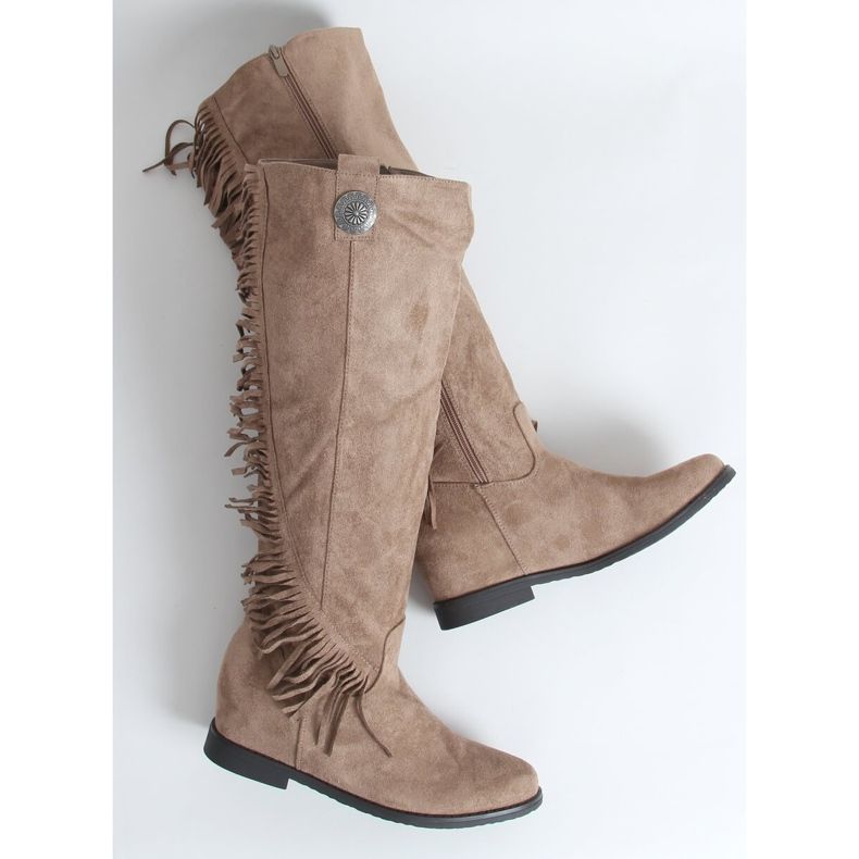Boots with fringes hidden wedge beige ST-28P Khaki 1
