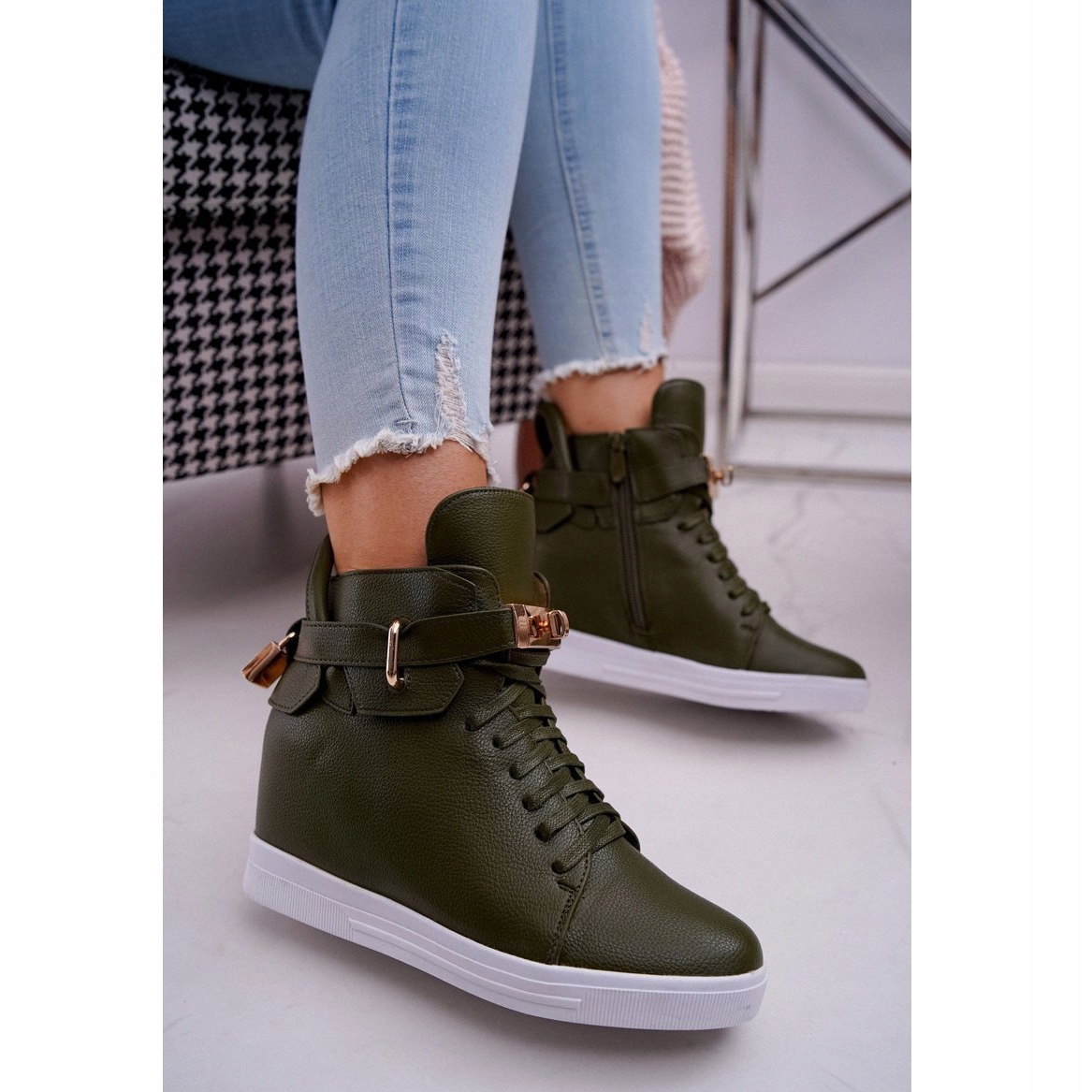 Women s Sneakers On Wedge Gold Padlock Olive Tersey green