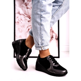 S.Barski Women's Leather Wedge Sneakers Black Roxette multicolored silver 2