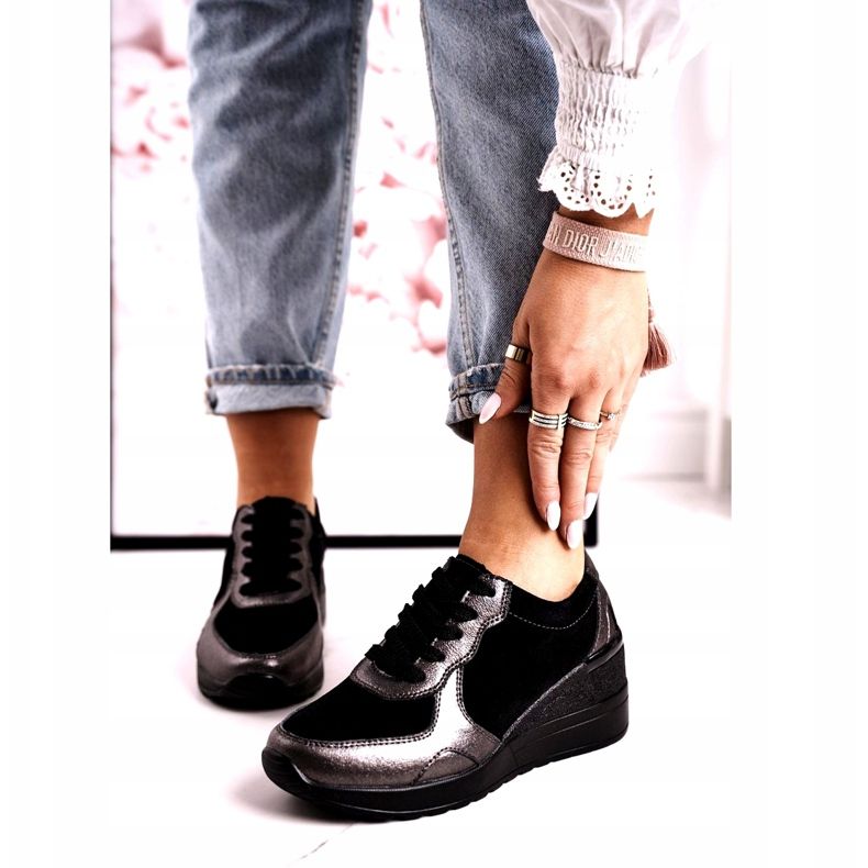 S.Barski Women's Leather Wedge Sneakers Black Roxette multicolored silver 1