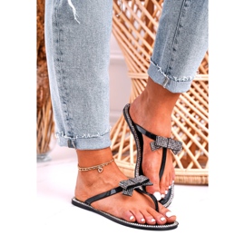 LU BOO Women's Rubber Slippers Black Flip-Flops Deross Rhinestones 1