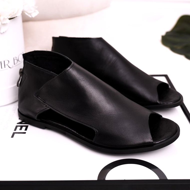 Nicole Women's Flat Leather Sandals Black Natalie 1