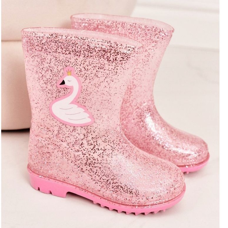 Children's brocade galoshes with a pink swan silver 2 Children's brocade galoshes with a pink swan silver 2