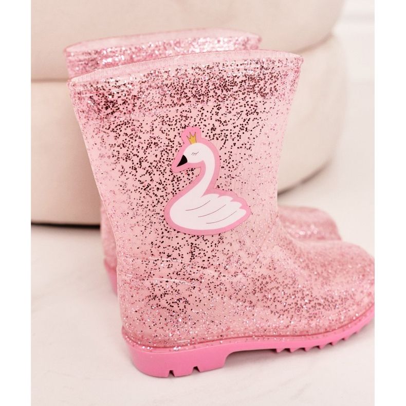 Children's brocade galoshes with a pink swan silver 1 Children's brocade galoshes with a pink swan silver 1