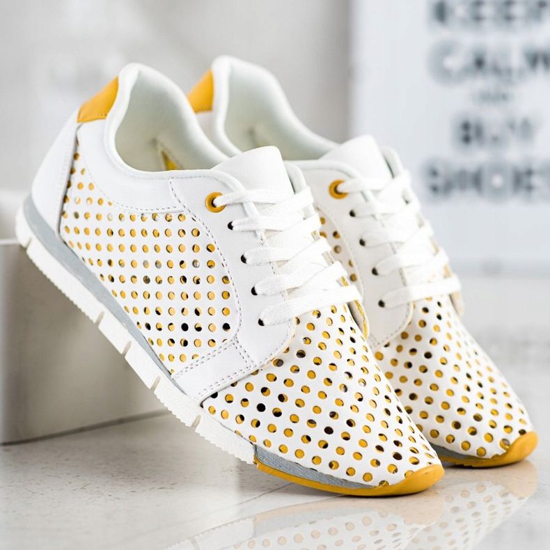 Kylie White and yellow Openwork Sneakers 1