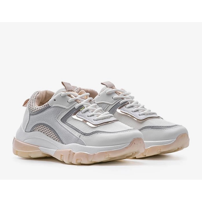 White and beige sports sneakers 9796 grey golden 1