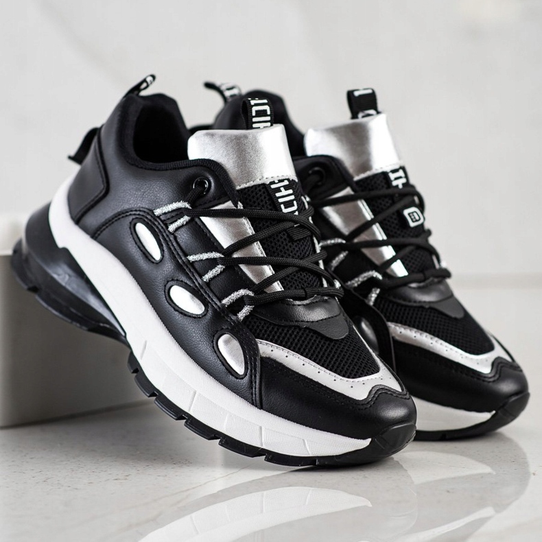 SHELOVET Stylish Eco Leather Sneakers black silver 1 SHELOVET Stylish Eco Leather Sneakers black silver 1