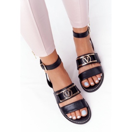 PS1 On Time Black Flat Leather Sandals 1