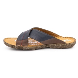 Kampol Men's leather slippers 200 navy blue with brown 1