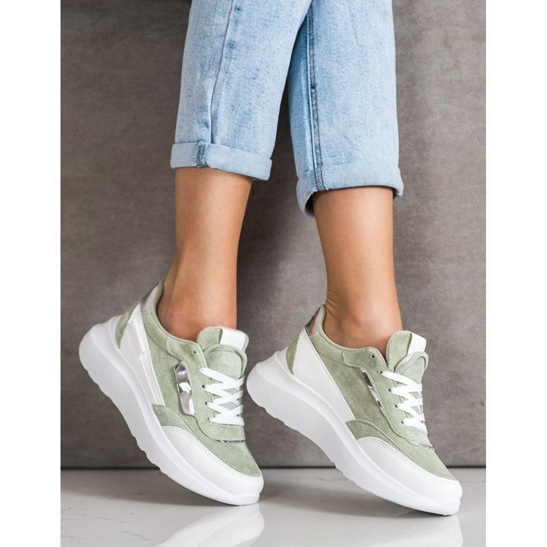 SHELOVET Stylish Suede Sneakers white green 2