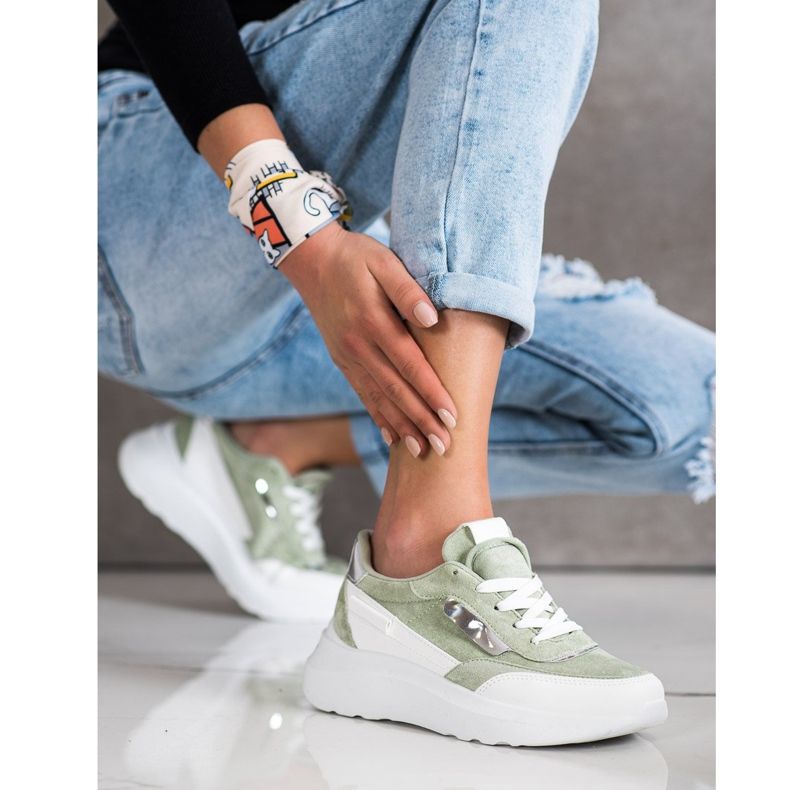 SHELOVET Stylish Suede Sneakers white green 1